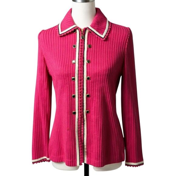 St. John Collection Pink Zip Front Sweater Knit Cardigan with Black Trim Sz 4 - Picture 3 of 16